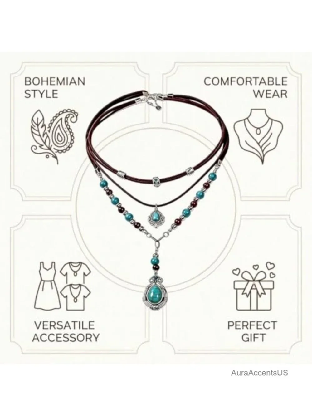 Layered Turquoise Beaded Choker Necklace Boho Cowgirl Pendant PU Leather